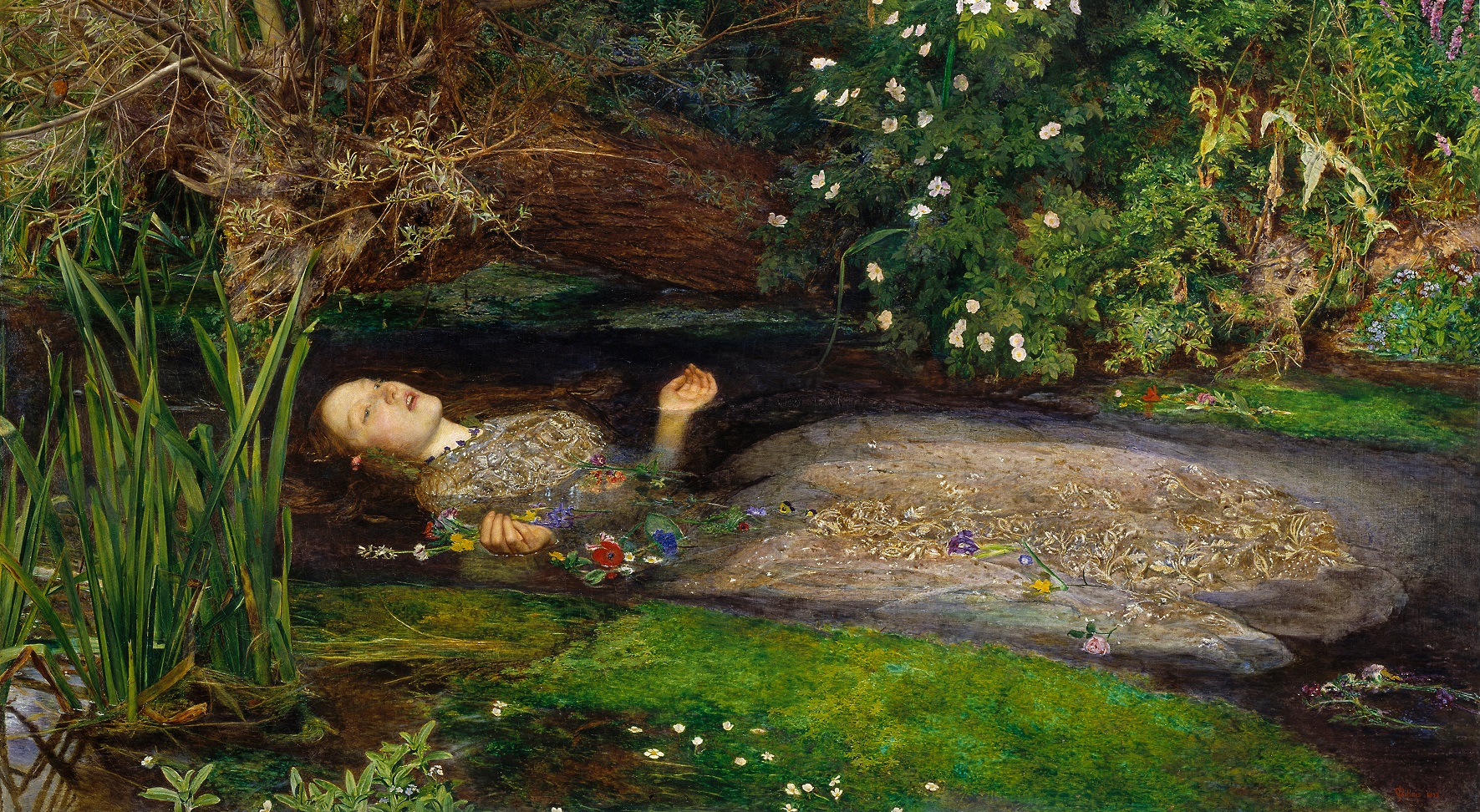 Oil painting of a dead woman floating face up in a detailed gown in the river. She is surrounded by plants in the river and on the riverbank.