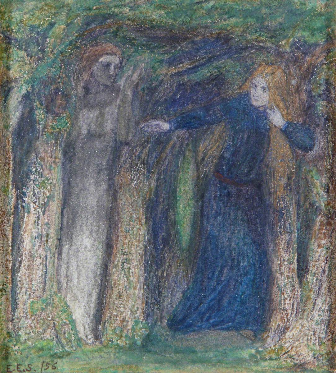 A woman in a blue dress with long auburn hair is emerging from the woods holding the hand of a spectral figure of a woman in white.