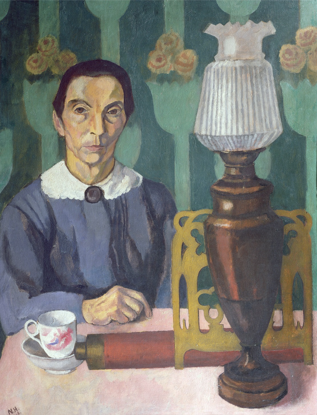A colourful painting of an older woman sat at a table with a cup of tea. She is wearing a blue dress with a white collar and behind her is green patterned wallpaper. To the rights is a lamp.