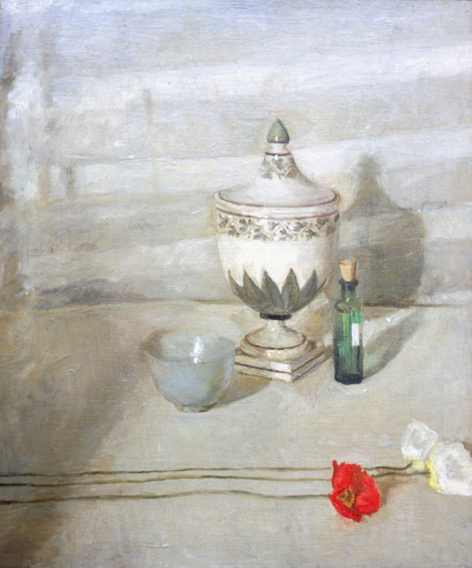A still life painting of a decorative vase, a small bowl, a small glass bottle and red and white iceland poppies. The colour palette is mostly pale greys and whites, which makes the single red poppy stand out.