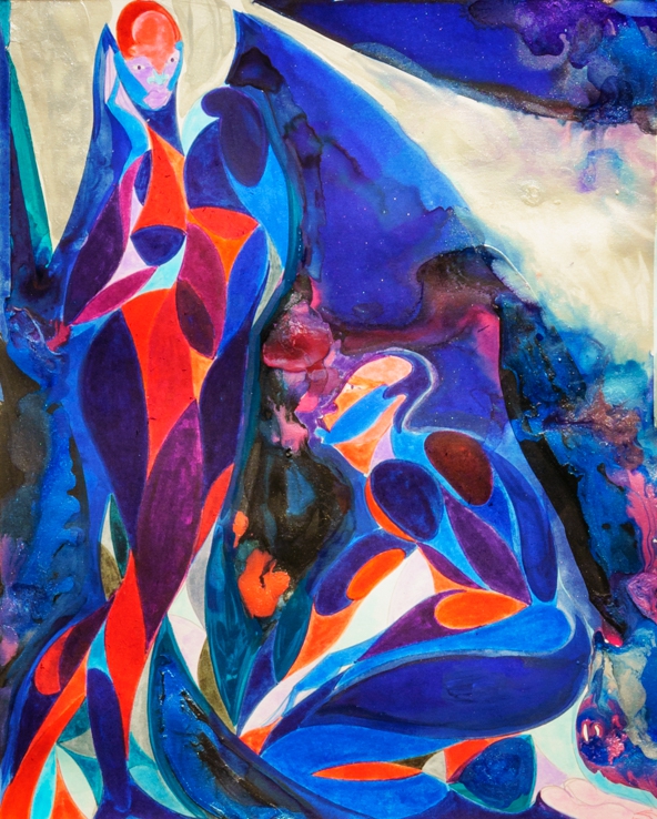 A watercolour painting of two abstract figures