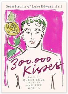 A book cover, features an illustrated face, with bright pink background and a rose